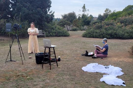 Kelsea Maloney-Johnson as Adina and Sheila Willey recording at the UCSC Arboretum.